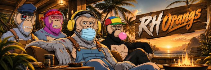 Four stylized cartoon orangutans wearing various accessories (a cap, bandana, headphones with mask, and beanie with sunglasses) lounge together against a tropical sunset backdrop, with the bold "RHOrangs" logo displayed prominently on the right side of the image.