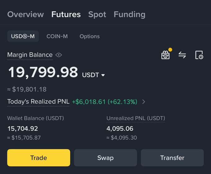 A cryptocurrency trading account dashboard on Binance showing a USDT-margined futures overview with a margin balance of 19,799.98 USDT, today's realized PNL of +$6,018.61 (+62.13%), and an unrealized PNL of 4,095.06 USDT, suggesting a successful trading performance likely being used to promote the Hedgedhaus Discord challenge.