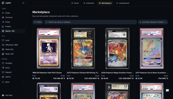 The image shows a digital marketplace interface called "Jupiter" where users can buy and sell graded, tokenized Pokémon cards, with listings like a 1999 PSA 10 Mewtwo-Holo game for 172.99 and a 2023 Pokémon Chinese 8M Shining Charizard (CGC 9.5) for 43.99. This relates to the post because it clarifies that these are NFT-style tokenized versions of physical graded cards, not physical items that get shipped to buyers after purchase.