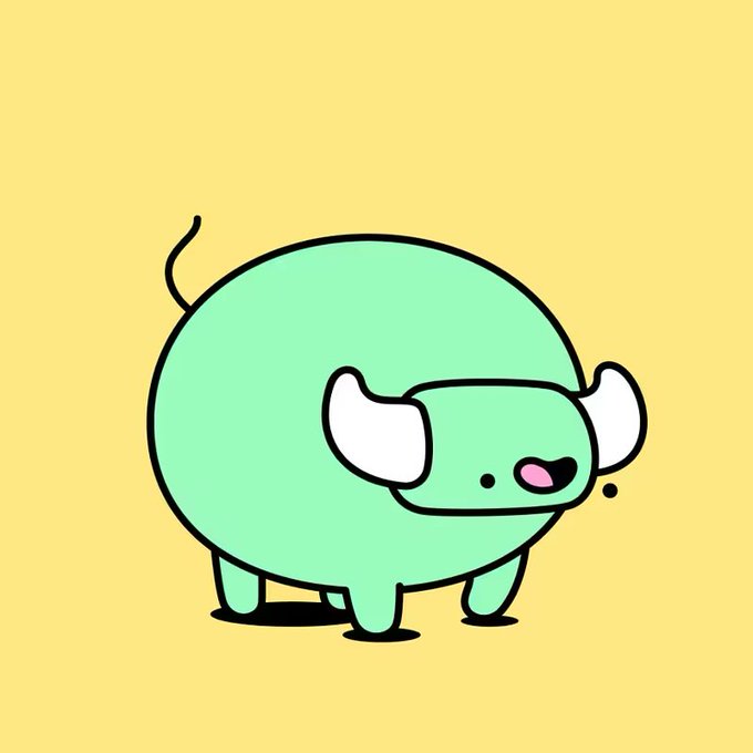 A cartoon illustration of a round, teal-colored creature with small white horns, a pink nose, and a curly tail, set against a pale yellow background.