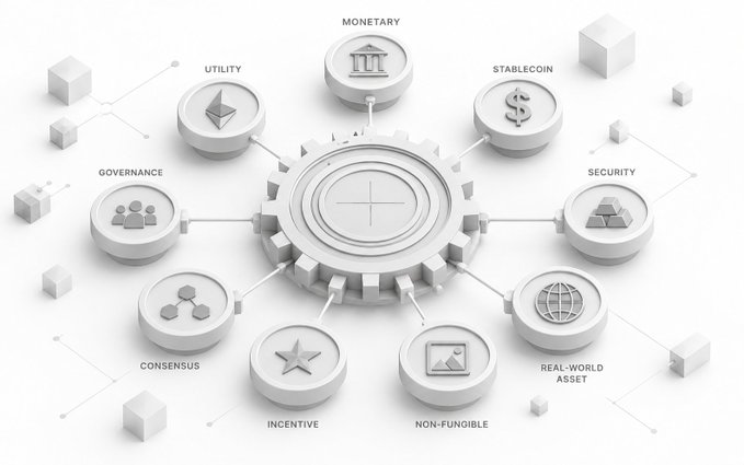 A 3D infographic illustrating blockchain token categories including Utility, Monetary, Stablecoin, Security, Real-World Asset, Non-Fungible, Incentive, Consensus, and Governance, all connected to a central gear mechanism.