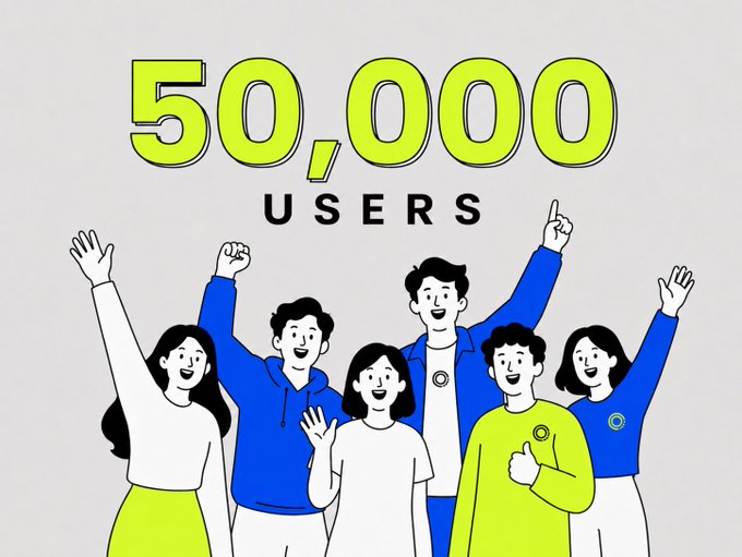 An illustration showing five cheerful people cheering with raised arms beneath the bold text "50,000 USERS," visually celebrating Oreum Network's milestone of reaching 50K users.