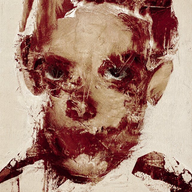An expressive, roughly textured portrait painting in earthy reddish-brown and beige tones, depicting a face with deep-set eyes and messy hair.