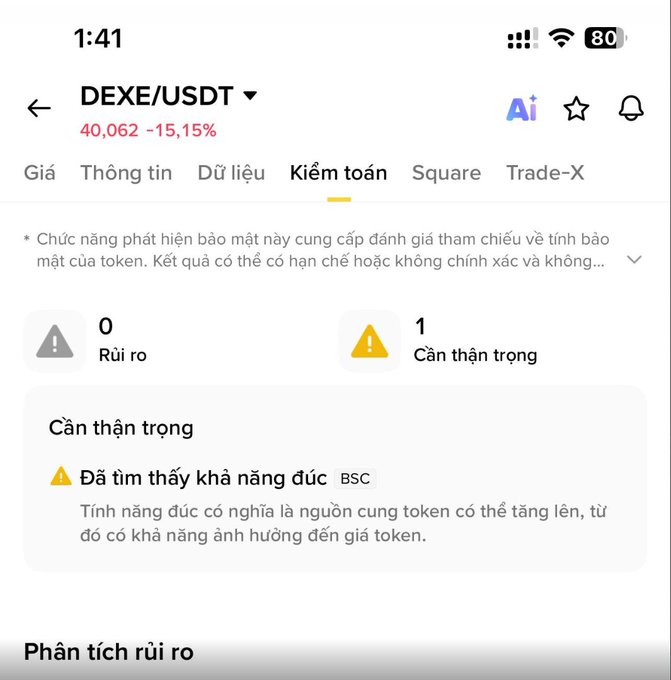 A cryptocurrency app screenshot showing DEXE/USDT at 40,062 (-15.15%) with an 'Audit' tab displaying 0 risk and 1 caution, warning of a possible mint feature on BSC.