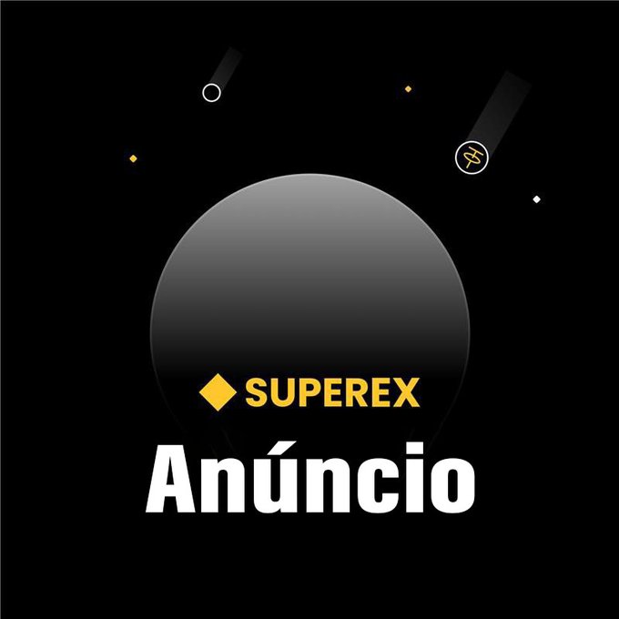 Dark promotional graphic for 'SUPEREX' with the word 'Anúncio' (Portuguese for announcement) in large white text against a black background with falling star elements.