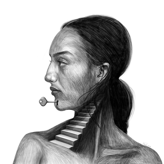 A surreal pencil sketch of a woman in profile with a key in her mouth, her hair merging into a staircase descending into her shoulder.