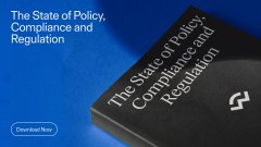 A blue graphic titled 'The State of Policy, Compliance and Regulation' with 'Chomoran Run' text at the bottom, featuring a stylized book illustration.