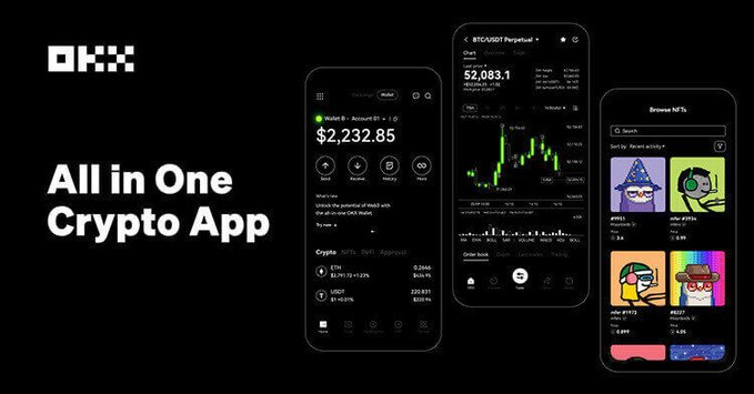 An advertisement for OKX, described as an 'All in One Crypto App,' showcasing mobile screens with BTC/USDT perpetual positions, charts, and a 'Browse NFTs' marketplace featuring Bored Ape-style images.