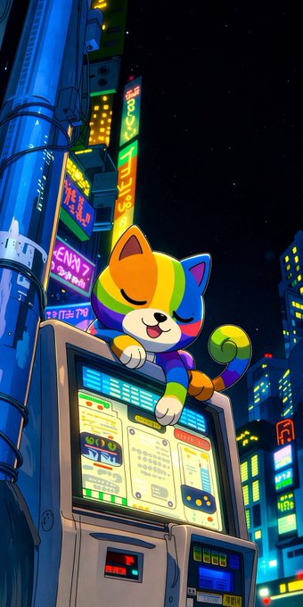 A rainbow-colored cartoon cat lounges sleepily atop a Japanese vending machine or arcade cabinet in a neon-lit cityscape at night.