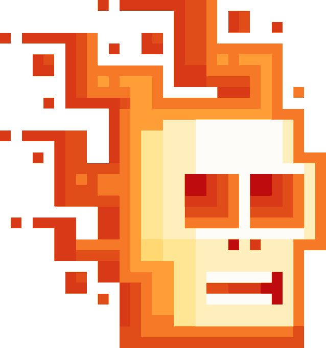 A pixel art image showing a skull-like face with an open mouth, engulfed in orange and red flames against a white background.
