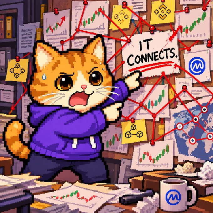A pixel art illustration shows a startled orange cat in a purple hoodie pointing at a bulletin board covered with charts, sticky notes, and red string connecting points, with a sign reading 'IT CONNECTS.'
