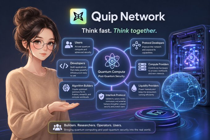 The image is a promotional graphic for "Quip Network" featuring a young woman with glasses and a bun holding a glowing pad, with a central diagram showing the Quip Network ecosystem centered on "Quantum Compute Post-Quantum Security" and branching out to Users, Protocol Developers, Developers, Compute Providers, Algorithm Builders, Liquidity Providers, and an "Interlock Protocol" node, accompanied by the tagline "Think fast. Think together." The image visually reinforces the post's message by illustrating Quip Network as a multi-participant ecosystem with various roles (builders, researchers, operators, users) all contributing to distributed quantum computing and post-quantum security.