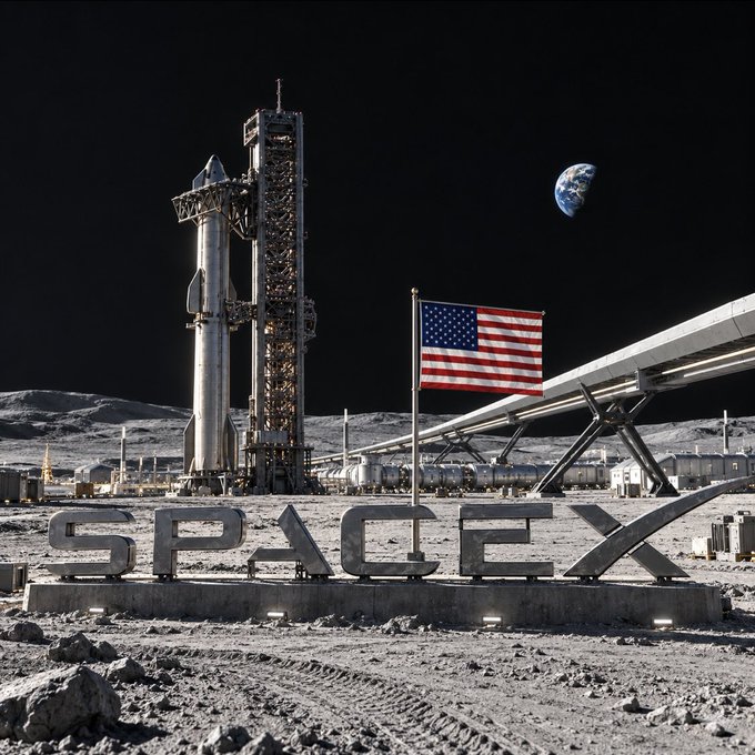 A SpaceX Starship rocket stands on a lunar launch pad with the American flag and "SPACEX" signage in the foreground, with Earth visible in the black sky above—visually capturing Musk's vision of SpaceX enabling a future city on the moon.