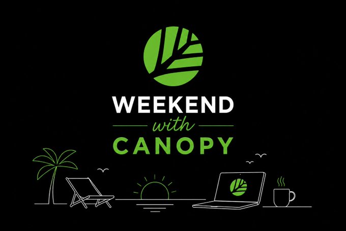 A black-background logo design for 'WEEKEND with CANOPY' featuring a green leaf icon and minimalist line drawings of a beach chair, sunset, laptop, and coffee cup.