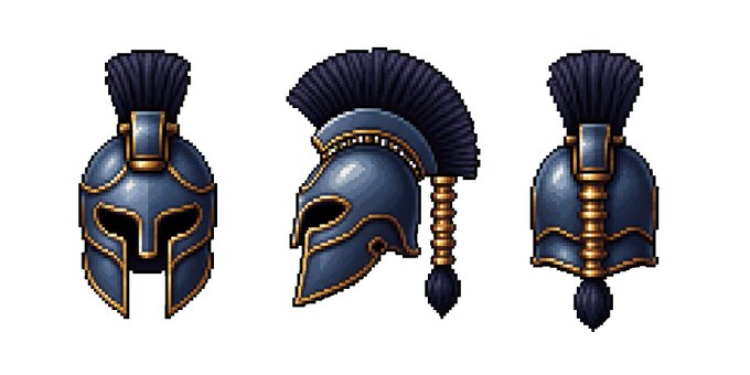 Three views (front, side, and back) of an illustration of a blue ancient Greek or Roman-style helmet with a dark blue crest and gold trim.