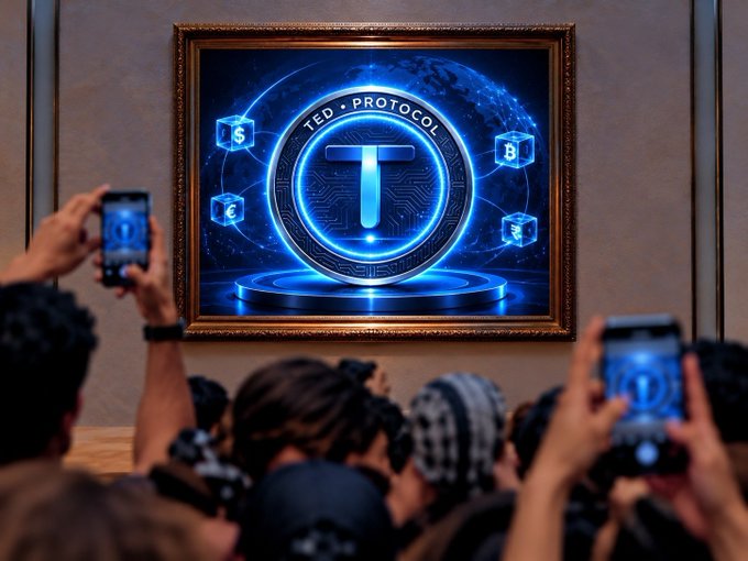 A crowd of people hold up smartphones to photograph a large framed digital display showing a glowing blue 'TED PROTOCOL' logo featuring a T symbol surrounded by blockchain-style cube icons.