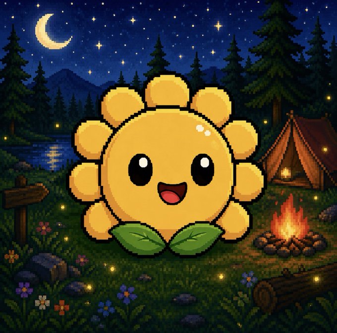 A cute cartoon sun character with a smiling face sits in front of a nighttime camping scene with a tent, campfire, and crescent moon.