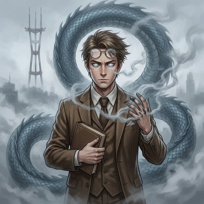 Anime-style illustration of a young man in a brown suit holding a book and conjuring smoke from his hand, standing before a large coiled dragon with the Sutro Tower visible in the foggy background.
