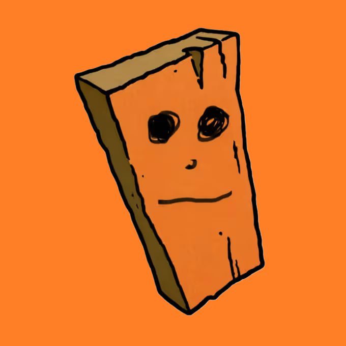 A simple cartoon drawing features a rectangular orange block with a face, including two black eyes and a straight mouth line, set against a solid orange background.