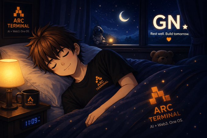 An anime-style character sleeps peacefully in bed with 'ARC TERMINAL AI + Web3. One OS.' branding visible, alongside 'GN Rest well. Build tomorrow.' text.