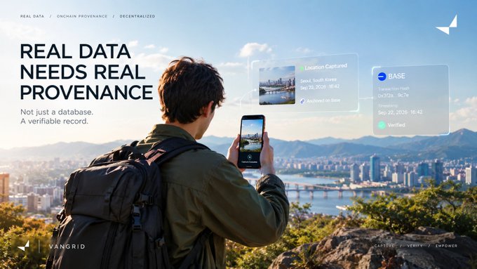 A promotional image for 'VANGRID' with the tagline 'REAL DATA NEEDS REAL PROVENANCE', showing a person with a backpack and smartphone overlooking a city, with blockchain verification cards labeled 'Location Captured' and 'BASE' with timestamps and 'Verified' status.