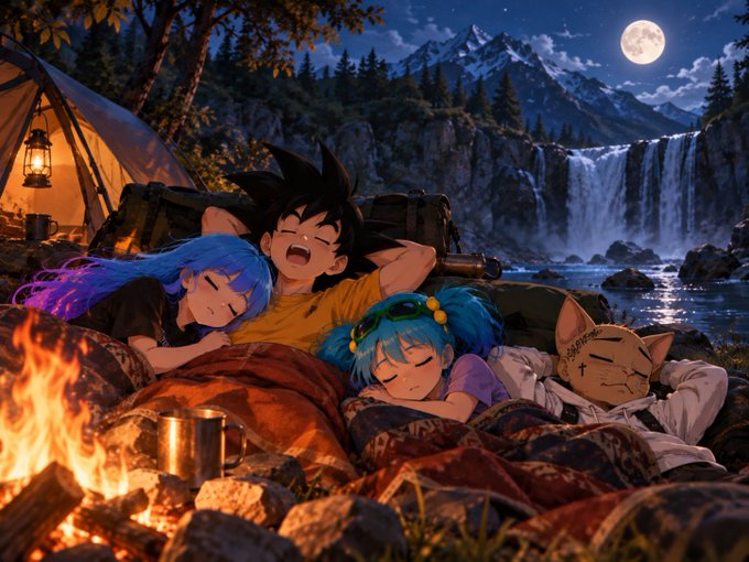 An illustration depicts anime characters resembling a boy with spiky black hair, a blue-haired girl, a smaller blue-haired girl with goggles, and a cat with 'HATEFUL' written on its ear, all sleeping together by a campfire near a waterfall and tent at night.
