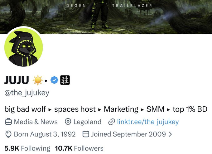 A Twitter profile for 'JUJU' (@the_jujukey) featuring a hooded wolf logo on a green background, with bio text including 'big bad wolf ▸ spaces host ▸ Marketing ▸ SMM ▸ top 1% BD', 'Media & News', and 'Legoland'.