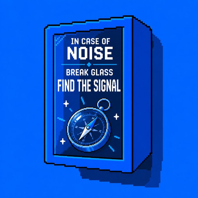 A pixel-art blue emergency box on a blue background reads "IN CASE OF NOISE BREAK GLASS FIND THE SIGNAL" and features a compass illustration with radiating sparkles, visually echoing the post's message about cutting through market noise with #OpportunityCompass to find the signal.