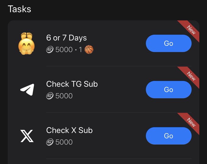 The image shows a "Tasks" screen from the @sixsevenapp, featuring several new tasks like "6 or 7 Days" and "Check TG Sub," each offering 5000 points, reinforcing the post's message about ongoing development and community engagement.