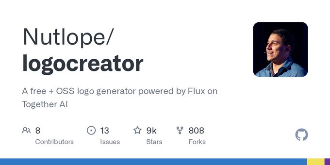 A GitHub repository page for 'Nutlope/logocreator' described as 'A free + OSS logo generator powered by Flux on Together AI,' showing 8 contributors, 13 issues, 9k stars, and 808 forks, with a profile photo of a man.