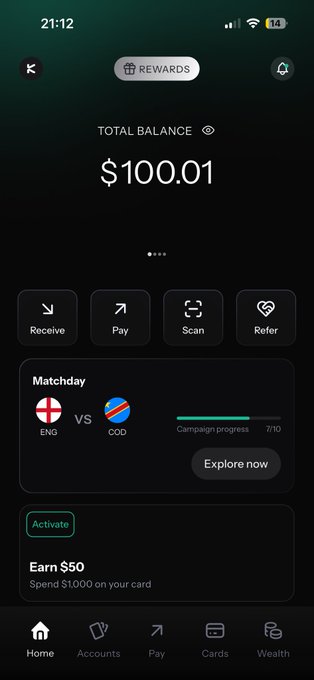 A mobile banking/rewards app showing a total balance of $100.01, with Matchday featuring ENG vs COD and an 'Earn $50' promotion.