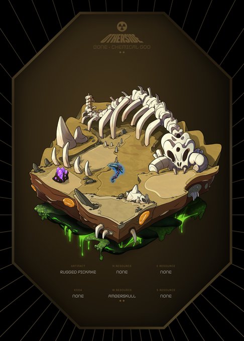 An illustration of a floating, isometric game map titled 'OASIS' showing a dinosaur skeleton, bones, and small characters, with resource labels like 'RUGGED PICKAXE' and 'AMBER SKULL' at the bottom.
