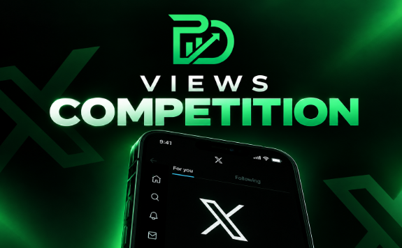 Promotional graphic for a 'VIEWS COMPETITION' featuring the X (formerly Twitter) logo and a smartphone displaying the app interface in green tones.