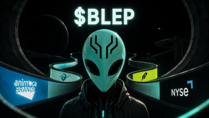 A promotional graphic featuring a green alien in a dark hoodie with the text "$BLEP" above, flanked by the logos "ANIMOCA BRANDS" and "NYSE," set against a cosmic background.