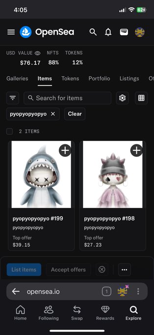 A screenshot of the OpenSea app showing two NFT items from the "pyopyopyo" collection—pyopyopyo #199 with a top offer of $39.15 and pyopyopyo #198 with a top offer of $27.23—reflecting the user's holdings after selling their rare and still holding one from the pyopyopyo collection.