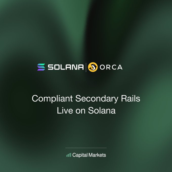 The image features a green background with white text that reads "Compliant secondary rails live on Solana". The text also includes an image of a pool, which is likely related to the SEC's new rules for tokenized securities. The text mentions that Orca launched permissioned pools today and highlights the first regulated asset listed as GLDY.