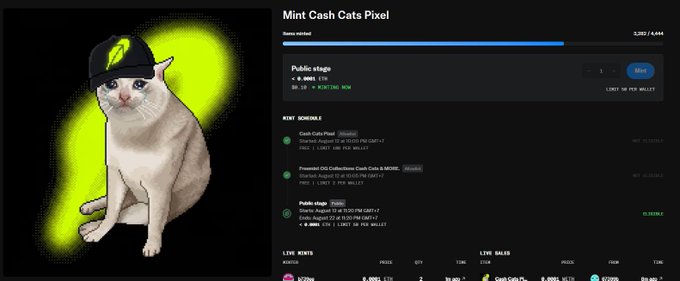 A webpage for "Mint Cash Cats Pixel" NFT collection, showing 3,287/4,444 items minted, with a cat wearing a hat in a neon green glow on the left and mint schedule details on the right.