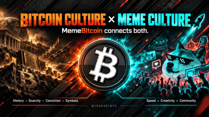 A promotional graphic titled 'BITCOIN CULTURE × MEME CULTURE' with the tagline 'MemeBitcoin connects both,' featuring a Bitcoin logo flanked by classical/historical imagery on the left and meme elements including a doge character with pixel sunglasses on the right, tagged with @1096361BTC.