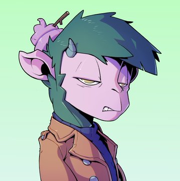 An illustration shows a purple-skinned demon character with teal hair, small horns, and a grumpy expression wearing a brown jacket.