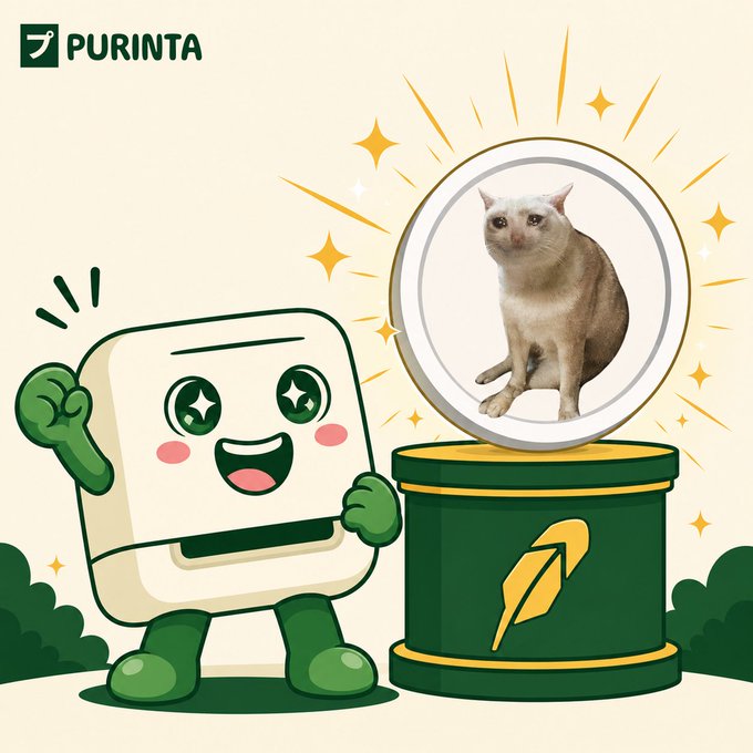 The image features the "PURINTA" logo alongside a cheerful cartoon tofu character cheering next to a pedestal displaying a Siamese cat, symbolizing the $CASHCAT memecoin as a top liquid asset on the Robinhood Chain. The visual reinforces the post's message by illustrating the memecoin's elevated status as the deepest pool on the fastest-growing L2 network.