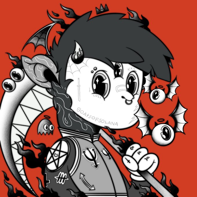 A black, white, and red illustration of an anime-style character with a demon/goat tattoo labeled 'GoAtsOfSolana' on their cheek, surrounded by flames and floating eyeballs.