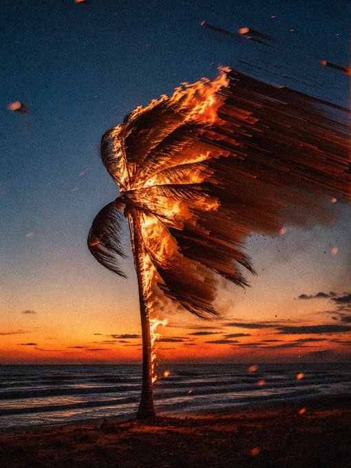 A palm tree engulfed in flames stands on a beach at sunset, with embers scattering through the twilight sky.