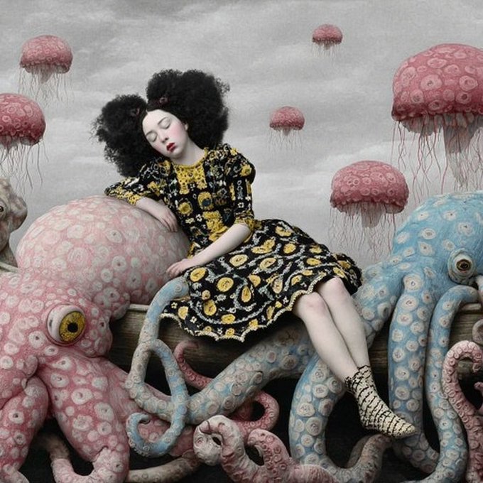 A pale girl with dark curly hair sleeps atop giant pink and blue octopuses, with matching jellyfish floating in the misty sky above. The surreal, dreamlike scene mirrors the post's "dream BIG" message, visualizing an otherworldly fantasy realm where a child rests among fantastical sea creatures in a world beyond waking reality.