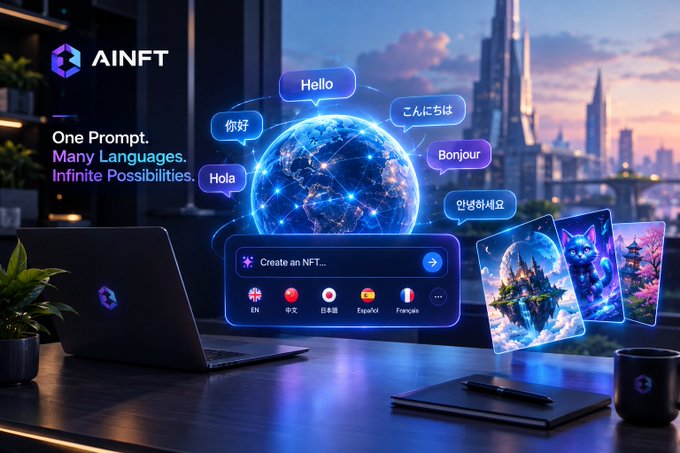 A promotional graphic for 'AINFT' featuring a glowing digital globe with speech bubbles in multiple languages ('Hello', 'Hola', 'Bonjour', 'こんにちは', '你好'), and the tagline 'One Prompt. Many Languages. Infinite Possibilities.'