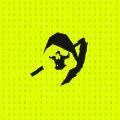 A minimalist black and neon yellow graphic featuring a stylized monkey face on a halftone dot background.