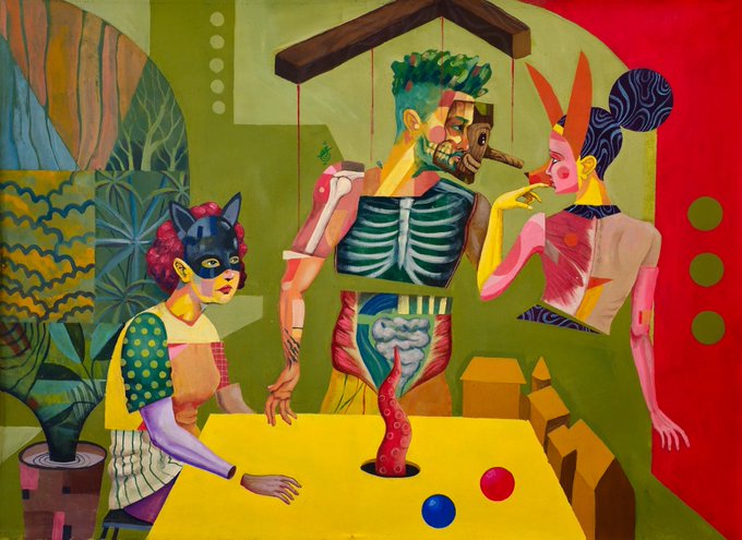 A vibrant, cubist-style painting featuring three fragmented figures—one with cat ears, one with a skeletal torso, and another with a blue head—gathered around a yellow table with a surreal, twisting object emerging from it.