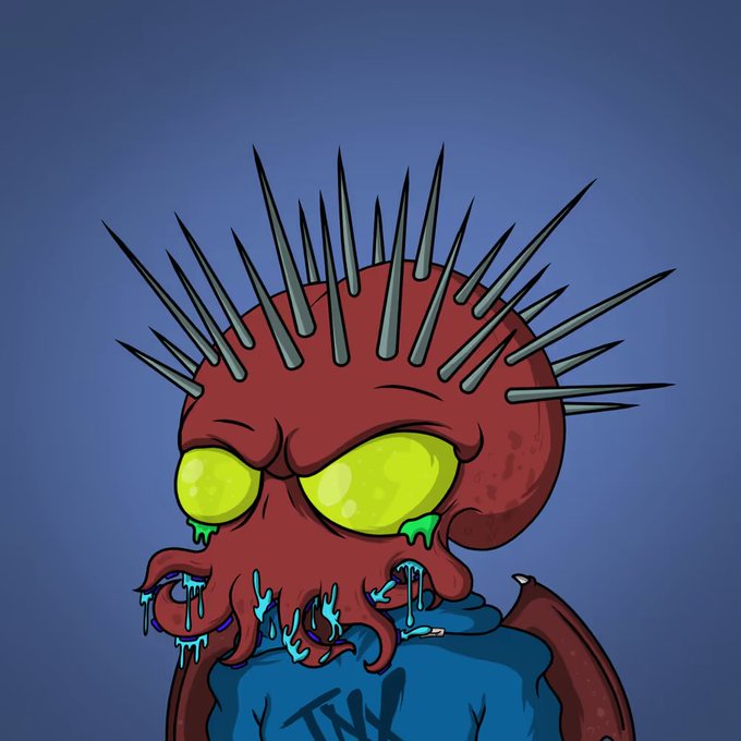 A digital illustration of a red, spiky-headed creature resembling Cthulhu, with glowing yellow-green eyes and tentacles, wearing a blue shirt with 'TNY'.