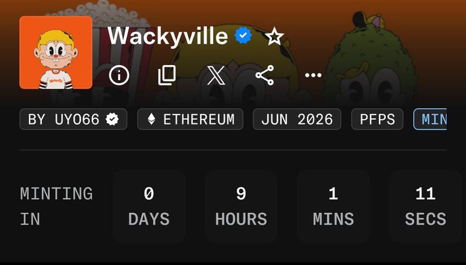 The image shows a Wackyville NFT mint countdown page on Ethereum, with 0 days, 9 hours, 1 minute, and 11 seconds remaining until the June 2026 mint, supporting the post's excitement about the collection launching today at a $120 mint price with expected 0.6 ETH+ floor potential.