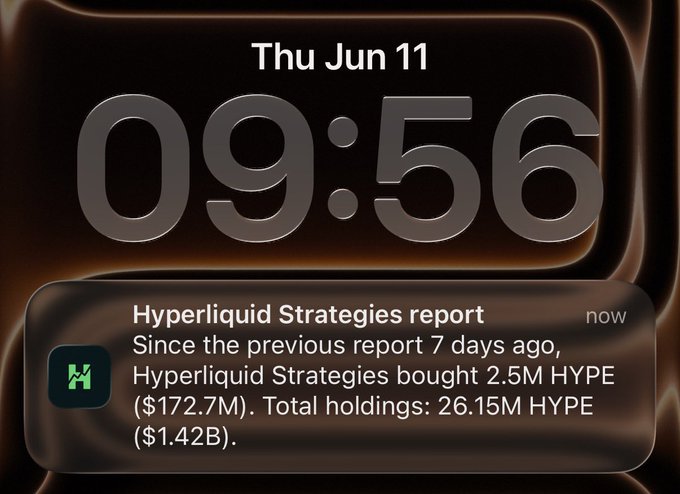 The image features a news alert from Hyper Liquid Strategies, reporting that they have bought all of HOPE's shares at $21.75 each. The alert also states that the trades were executed within the last 7 days, but it does not provide details about when or where these transactions took place. This information is being displayed on an iPhone screen along with a calendar showing the current day and time as Thursday, Jun 11th at 09:56.