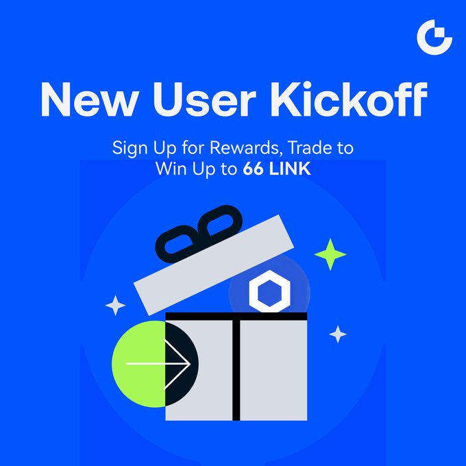 The image is a promotional graphic titled "New User Kickoff" with the subtitle "Sign Up for Rewards, Trade to Win Up to 66 LINK," featuring an illustration of an open gift box with a bow against a vibrant blue background. The "G" logo in the corner identifies this as a Gemini exchange promotion offering up to 66 LINK tokens in rewards for new user sign-ups and trading activity.